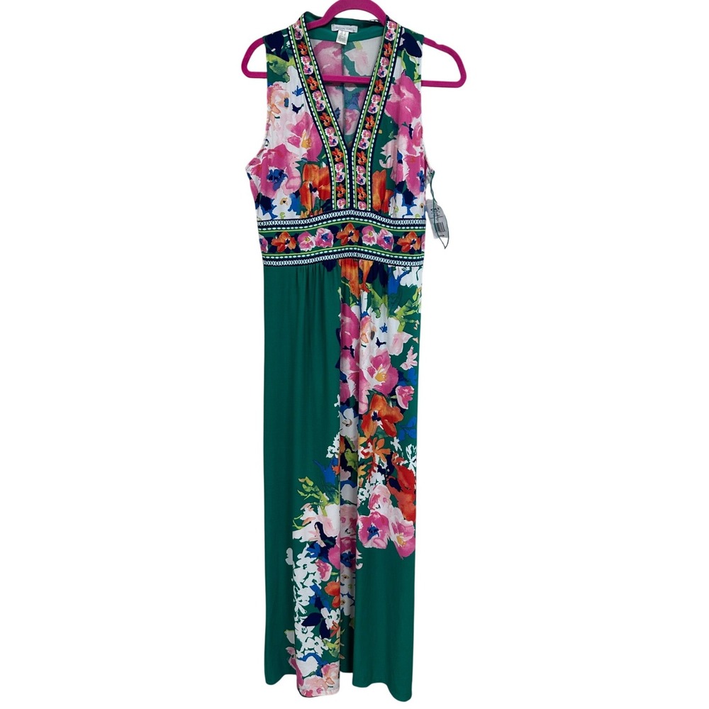 London Times Womens Floral V-Neck Sleeveless Maxi Dress Green Multi Size 12 NWT